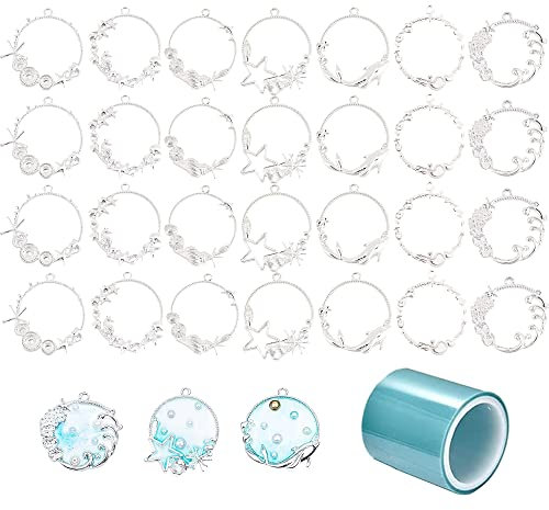 Allazone Lünette Rahmen Anhänger Charm, 28 Stück Thema Meer Offene Lünette Anhänger Gießform Schmuck, Silber Anhänger Zubehör Tabletts and Kette für DIY Harz,gedrückt Blume Schmuck