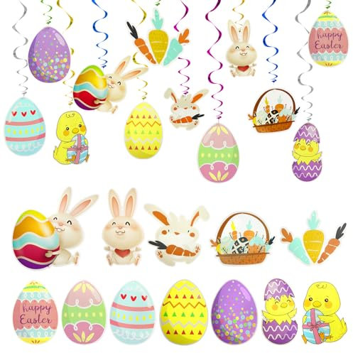 ROSAUI Osterdeko zum Aufhängen - 48 Osteranhänger für drinnen und draußen, Frühlingsdeko basteln, Osterdekoration für Fenster, Ostereier und Hasen.