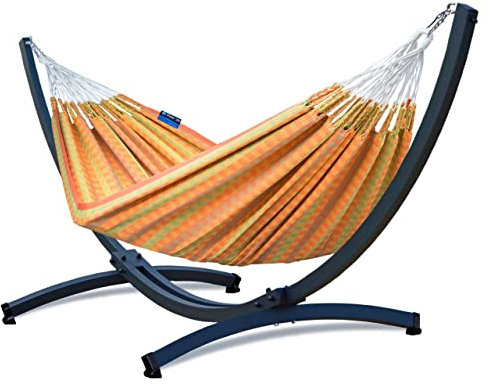 Potenza Outdoor Hängematte mit Tytan Gestell für 2 Personen I 100% Baumwolle Morena Doppelhängematte 230x160 cm, 220kg I Hängemattengestell 350kg, wetterfest (Orange, Basic Gestell Graphit)