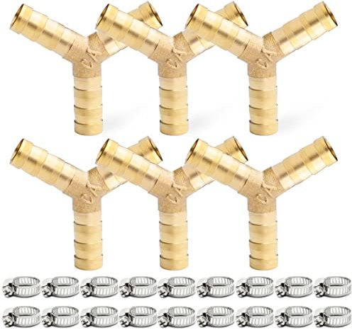 Bwintech Lot de 6 raccords cannelés pour tuyau 10 mm 3 voies en laiton en forme de Y avec 18 pinces