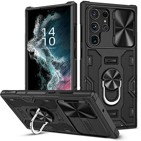 Doeshine for Samsung S22 Ultra Case with Slide Camera Cover, Galaxy S22 Ultra Case with Built-in 360° Rotate Ring Stand, Heavy Duty Protection Case for Samsung Galaxy S22 Ultra 5G 6.8 inch (Black)
