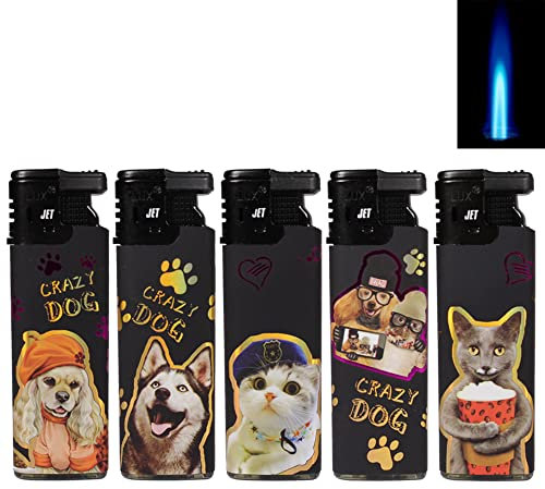 5X Sturmfeuerzeug Jetflamme Turbofeuerzeug Top Motive Jet Flamme Feuerzeug mit Schutzkappe absolut windfest Gasfeuerzeug nachfüllbar (Cat & Dog)
