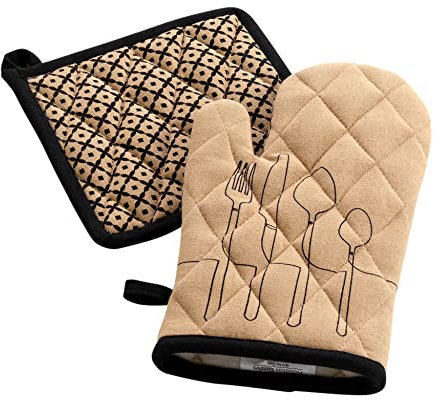 Douceur d'Intérieur, Gant Et Manique (18 x 28 Cm/20 x 20 Cm) Cuisiline Beige, Coton Recyclé Imprimé