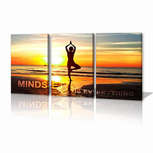 KAWAHONE - 3-teiliges Wandkunst: Frau macht Yoga unter goldenem Himmel bei Sonnenuntergang – Zen, entspannendes Sportbild, gerahmt und gespannt für Yoga-Raum, Mädchen-Schlafzimmer, Geschenk