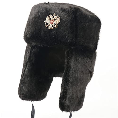 Ciamlir Russische Mütze Wintermütze Sowjetarmee Militärabzeichen Russland Uschanka Bomberhüte Pilot Trapper Warme Flauschige Mütze Ohrenklappen Schneekappen,Schwarz 2,56-60Cm
