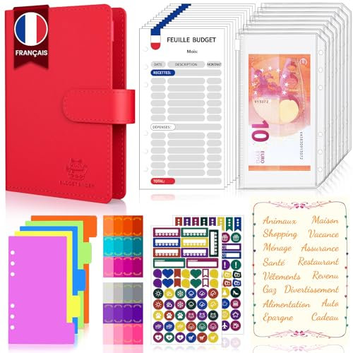 Classeur Budget Francais A6 Enveloppe Budget, Conception Entièrement Française, Carnet , Planner , Organisateur , Pochette , Agenda Budget (Rouge)