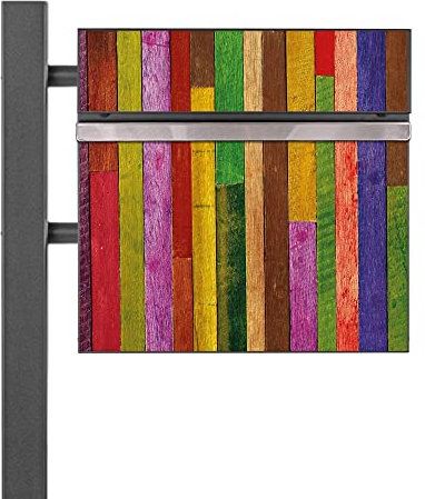 banjado® Standbriefkasten Anthrazit mit Motiv Holz Collage Bunt & Zeitungsfach/Briefkasten mit Standfuß in Anthrazit/Postkasten A4 Einwurf inkl. Montagematerial & 2 Schlüsseln