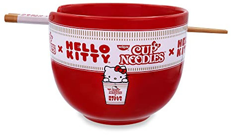 Silver Buffalo Sanrio Hello Kitty x Nissin Cup Noodles Service de table en céramique rouge | Comprend un bol à nouilles ramen et des baguettes en bois Rouge