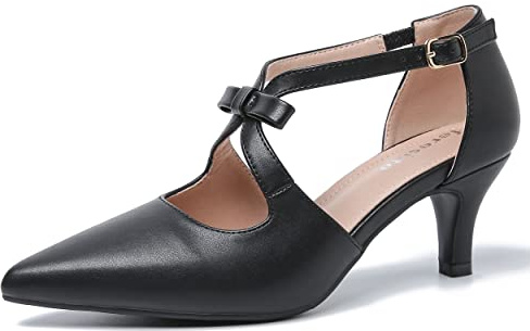 fereshte Women's Kitten Heels T Strap 2 Inch Low Heel Bow Pointed Toe D'Orsay Dressy Pumps Matte Black 39 - US 7.5