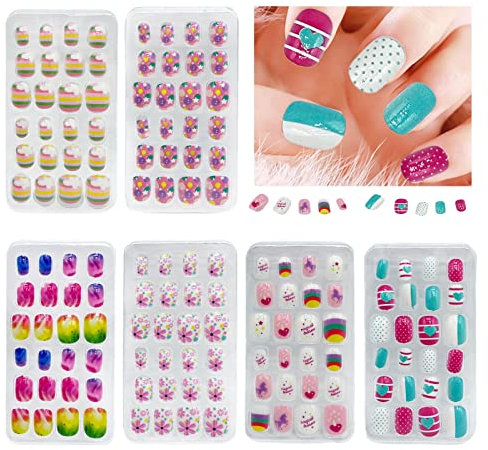 TSHAOUN 144 Stücke Mädchen Gefälschte Nägel Aufdrücken Nägel Kinder Vollabdeckung Kurze Falsche Fingernägel Selbstklebende Falsche Nägel für Nail Design, Party Nageldekoration, 6 Stile (Mehrfarbig)