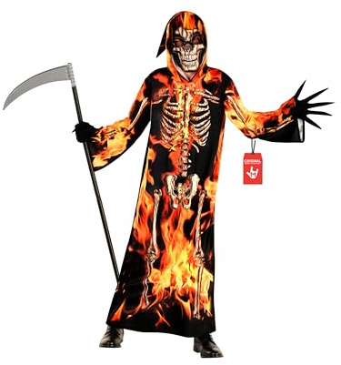 Morph Sensenmann Kostüm Kinder, Gruseliges Halloween Kostüm | Kapuze, Umhang & Totenkopfmaske, Leuchtender Feuerskelett-Druck, Perfekt für Halloween, Ideal für Rollenspiele