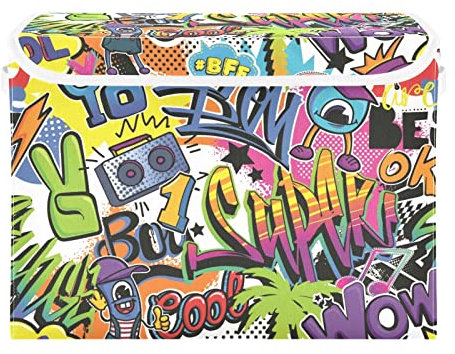 Abstrakte Comics Muster Palme große faltbare Aufbewahrungsboxen mit Deckel, Stoff zusammenklappbar Aufbewahrungskorb Schrank Organizer, Aufbewahrungsbox mit Griffen für Kleidung, Spielzeug,