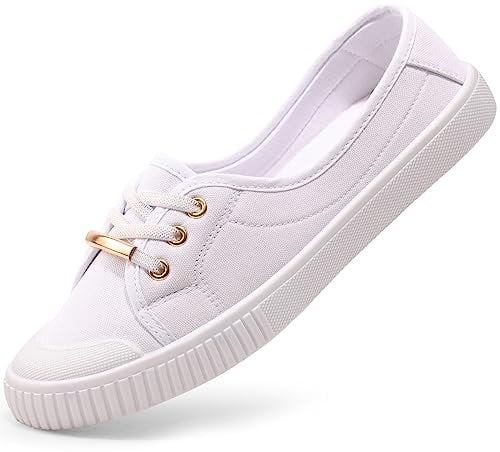 Harvest Land Womens Canvas Shoes Low Top Flat Gym Sports Pumps Trainers Lace Up Flat Ladies Girls Fashion Pumps White UK 7.5