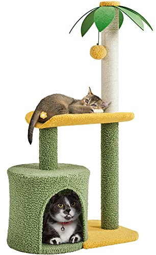 Yaheetech Árbol de Gatos Torre de Gatitos Altura 94 cm con Cueva Interior Sisal Bola Colgante Verde y Amarillo