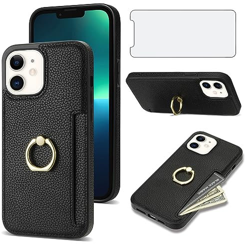 Asuwish Handyhülle für iPhone 11 Hülle mit Folie Panzerfolie Schutzfolie und Ring Ständer Kartenfach Leder Geldbörse Ständer i Phone11Hülle iPhone11Hüllee 11Hülle Hüllen Schutzhülle Phone Case Schwarz