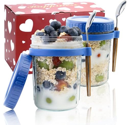 Contenitori per avena durante la notte con coperchi e cucchiai, confezione da 2 barattoli in vetro per budino di farina d'avena durante la notte, semi di chia, set di barattoli per insalata per la