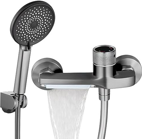 2 IN 1 Badewannenarmatur Wasserfall mit Handbrause, Badewanne Wasserhahn Mischbatterie Armatur mit Temperaturanzeige, Wandmontage, Druckschalter Umstellung, Badewanne Duschsystem Set