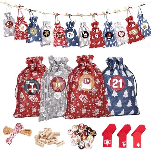 EIKEJI Adventskalender zum Befüllen Groß, 24 Adventskalender Selber Befüllen,Weihnachtskalender Zum Befüllen,Adventskalender Säckchen,Weihnachtskalender Jute Beutel Aufhängen für Männer,Frauen