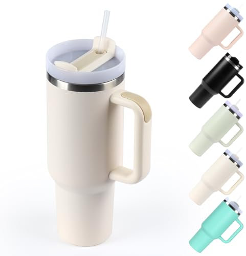 XSUPER 40oz Tumbler with Handle and Straw Lid, Stainless Steel Vacuum Insulated Travel Mug Water Bottle Cup for Water, Iced Tea or Coffee, Smoothie and More (Cream)