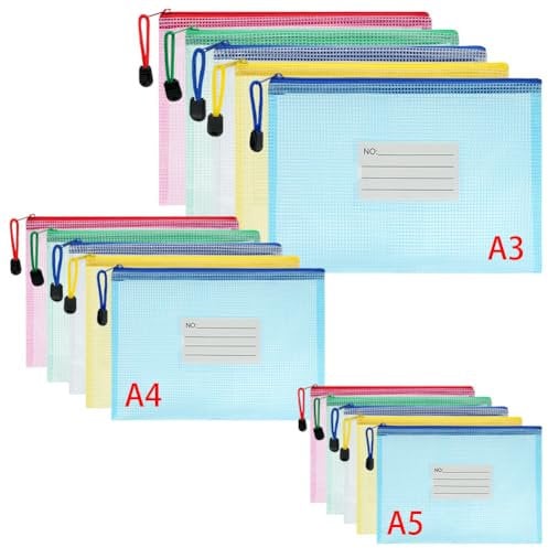 Vicloon Dokumententasche A3+A4+A5, 15pcs Reißverschlusstaschen mit Etikett, Wasserdichte Mesh-Taschen Kunststoff Reißverschlusstasche Zipper Tasche für Schule, Büro, Reisen(Farbe)