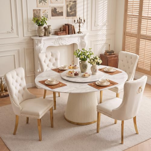 SoarTalent Lot de 4 chaises de Salle à Manger rembourrées en Velours de Style Moderne avec Bordure cloutée et Pied plaqué Or, Anneau de Traction en métal pour Salle à Manger, Salon (Pieds Beige-doré)