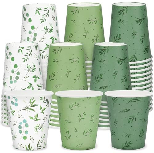 Whaline Greenery Pappbecher, 266 ml, Eukalyptus, Olivenblatt, Einweg-Kaffeetassen, salbeigrün, Trinkbecher für kalte Heißgetränke, Hochzeit, Braut, Dusche, Partyzubehör, 60 Stück