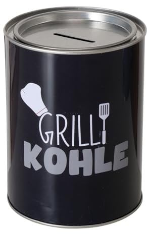 Spardose Sparschwein Schriftzug Grillkohle - Deckel abnehmbar - Grau Wiederverwendbar Metall Sparbüchse Geldgeschenk Geschenkidee Geldspardose Metallspardose 14 x 10 cm