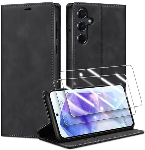 Guisessy Handyhülle für Samsung Galaxy A55 5G Hülle Leder und 2 Schutzfolie, Premium Klappbar Flip Wallet mit Magnet Kartenfach Standfunktion Schutzhülle für Samsung A55 5G, Schwarz