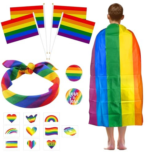 TZQFROCE Gay Pride Accessoire 17 Stück LGBTQ Accessoires Regenbogen Umhang Flagge LGBT Regenbogen Stirnband Pride Abzeichen für Gay Pride Festivals Feierlichkeiten Parade Partydeko