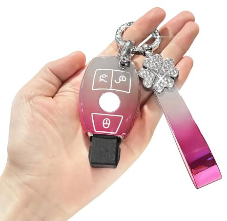 BLINGOOSE Auto Schlüssel Hülle für Mercedes Benz 3 Tasten AMG C 300 CLA CLS GLE GLA GLC GLS GLK G E S ML Glitzer Schlüsselanhänger Auto Schlüsselgehäuse Schutzhülle Frauen Girly TPU Rosa Farbverlauf