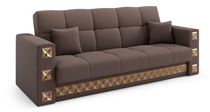 LIKMA Braun Ausziehbar 3 Sitzer Sofa Manila 221x91x85 cm Schlaffunktion Bettzeugbehälter Kissen Sofa mit Bettfunktion Gesteppte Schlafsofa Couchgarnitur Stoff: Inari 28