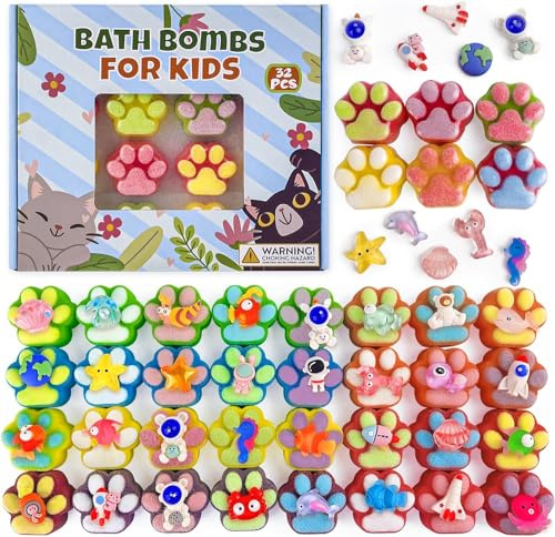 PickMora Badebomben für Kinder mit Überraschung im Inneren, 32er-Pack Pfoten-Badebomben mit Spielzeug, Meerestieren und Weltraumplaneten-Spielzeug
