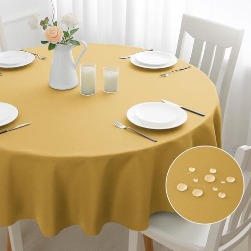 mosayt Tischdecke Gold Herbst Rund 140 cm Durchmesser Abwischbare Tischdecken Wasserabweisend Gartentischdecke Tischtuch Tischwäsche Tablecloth für Silvester Weihnachten Hochzeit Party Geburtstag