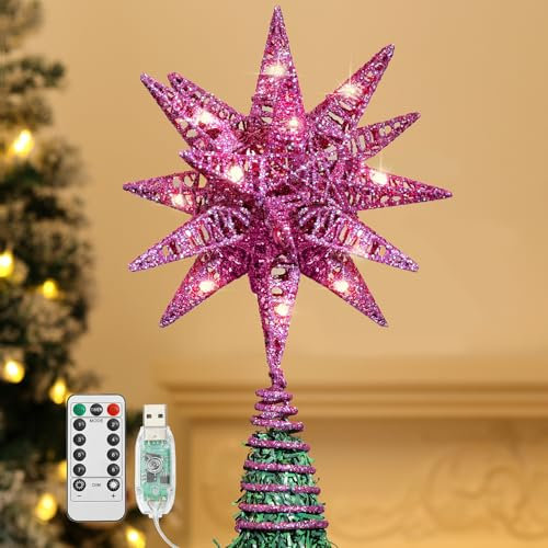 Lewondr Christmas Star Tree Topper, 3D Geometric Star Plugged Decorative Treetop Star with LED Light Beads for Home Holiday Xmas Tradition Moravian Decor 6-Hour Timer Function 5m Cable, Purple