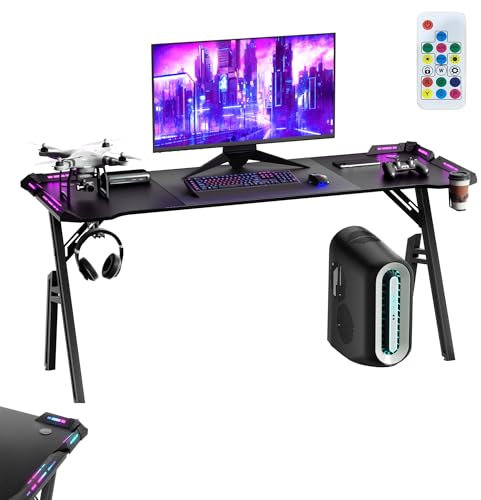 YRHome 160 x 60 cm, patas A, escritorio ergonómico para juegos, con LED RGB ajustable, soporte para bebidas, gancho para auriculares y reposapiés ajustables, mesa de ordenador para videojuegos, color