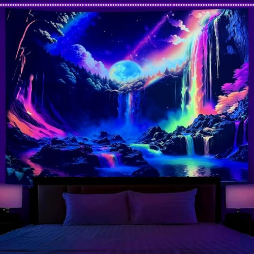 OSVINO Schwarzlicht Wandteppich 180x230cm Regenbogenwasserfall - UV-reaktiver Wandbehang für Schlafzimmer, Wohnzimmer & Hippie-Zimmer - Ideal für Halloween