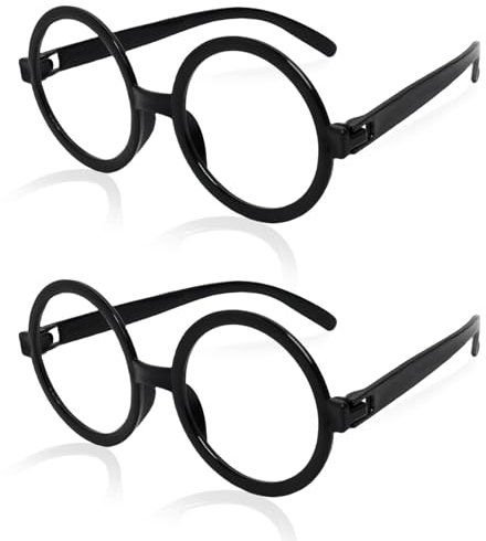 2 Stück Retro Runde Brille für Erwachsene & Kinder – Zauberer Brille ohne Gläser, Brillenrahmen aus Kunststoff für Kostüme, Karneval, Mottopartys, Verkleidungen und Accessoires – Lustiges Geschenk