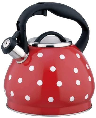 Vintage Polka Dot Whistling Kettle Stovetop, Polkadot, Stainless Steel, 3 Liters(Red)