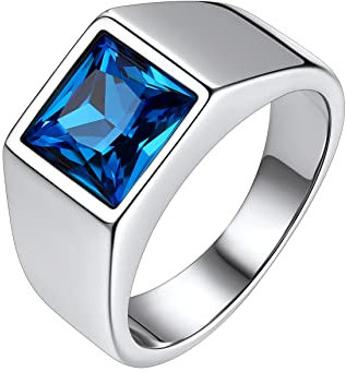 Bestyle Herren Ring Blauer Saphir 8 * 8mm Quadrat Schliff Edelstein Bandring Männer Gothic-Ring Siegelring Fingerring für Papa Vater,Silber,Größe 57