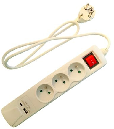 Bloc multiprise Puissant 3500W avec 3 Prises Classiques, 2 Ports USB-A et USB-C, câble de 1m, idéal pour Vos appareils connectés - 230V, 16A