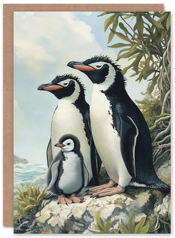 Artery8 Personalised Penguins with Baby Animal Family Portrait For Him Or Her Art Birthday Card