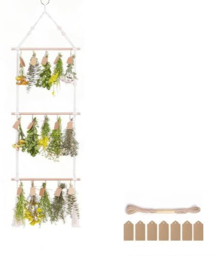 LGEGE Kräutertrockner mit 3 Etagen zum Trocknen von Blumen, zum Aufhängen von Kräutern, mit 25 braunen Geschenkanhängern und 10 m natürlicher Jute-Schnur (Kräuter nicht im Lieferumfang enthalten)