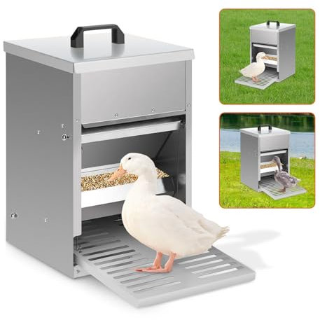 Eikuavons Futterautomat Hühner mit Trittplatte, Deckel, 5kg verzinkt Wasserdicht Futtertrog Futterspender für Hühner, 1x Rattensicher Futterspender Hühner Futterautomat