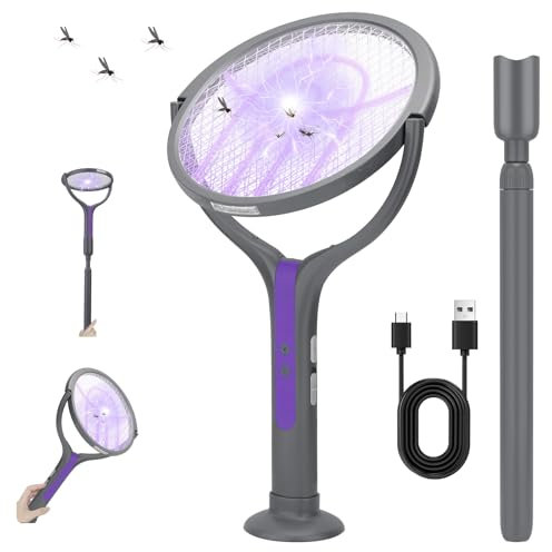 Kssvzz Rotierender Kopf Elektrische Fliegenklatsche Extra Stark, 3 in 1 Elektro Mückenklatsche Wiederaufladbar mit UV Lichtfalle für Indoor Gärten - Mit Einer Teleskopischen Verlängerung