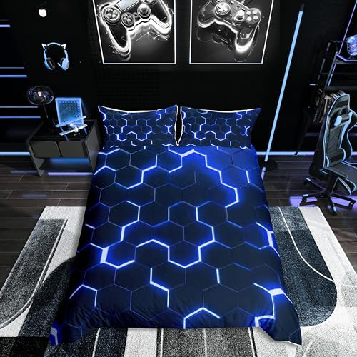 Homewish Housse de Couette Enfant Garcon Géométrique À Lumière Néon, Parure de Lit 220x240 Adulte Bleu Noir Moderne, Sets de Housses de Couettes Nid d'abeille, avec 2 Taies d'oreiller 65x65 cm