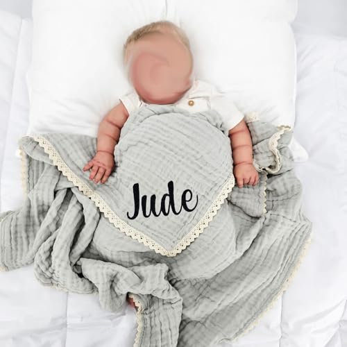 Babydecke aus Bio-Musselin, personalisierte Babydecke, luxuriöser Wickeltuch, bestickter Name (Name anpassen)