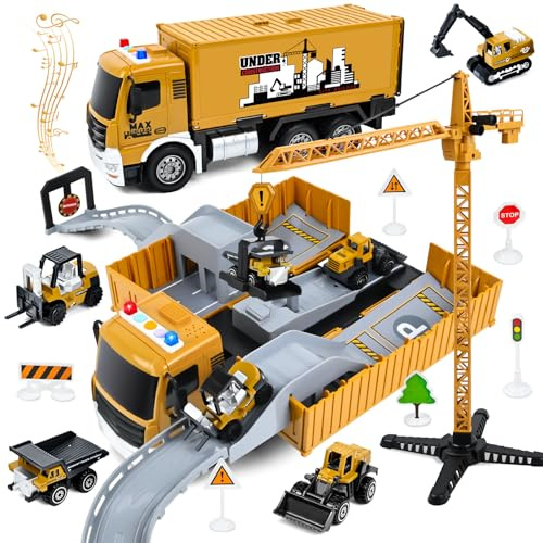 PATEMZON Veicoli Da Cantiere Giocattolo, Camion da Cantiere Giocattolo, Camion Pista Macchinine Gru Bisarca GiocattoloS con Escavatore Costruzione Bulldozer, Musica et Luce, Regalo Bambini 3+ anni