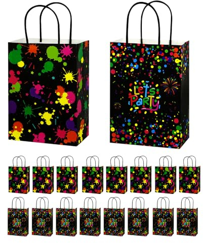 16STK Neon Party Deko Papiertüten mit Henkel Geschenktüten Kindergeburtstag | Geschenktüten Klein Geschenktüte Kindergeburtstags Mitgebsel Tüten für Neon Fasching Familie und Geburtstagsdeko 21×15×8cm