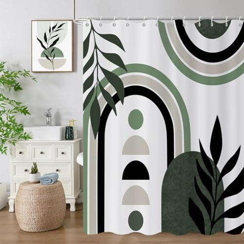 GCIREC Duschvorhang, 180x200cm, Green Weiß Mid Century Modern Abstrakt Art Boho Geometrisch Wasserdichter Stoff Maschinenwaschbarer Badezimmervorhang mit Haken