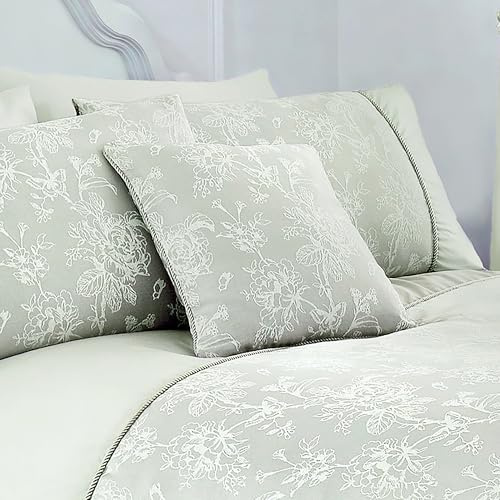 Dreams & Drapes Woven Jasmine Cushion, Polyester Fill, Jacquard Style, 43 x 43 cm, Green, Square, Zip Opening, 55% Cotton/45% Polyester Cover, Floral Pattern, Adult